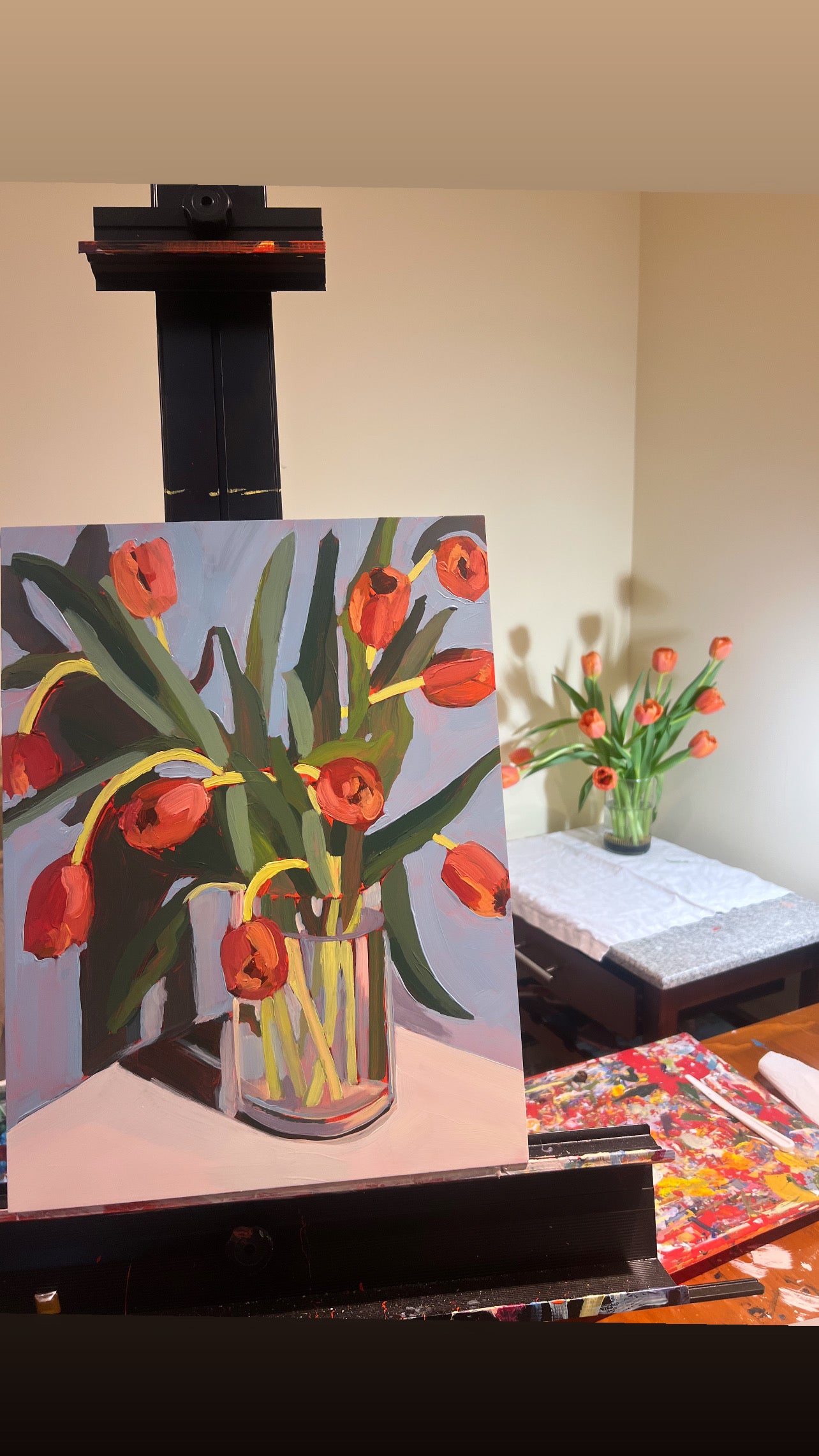 “Tulip Fountain” 12x16 acrylic floral painting on cradled wood panel