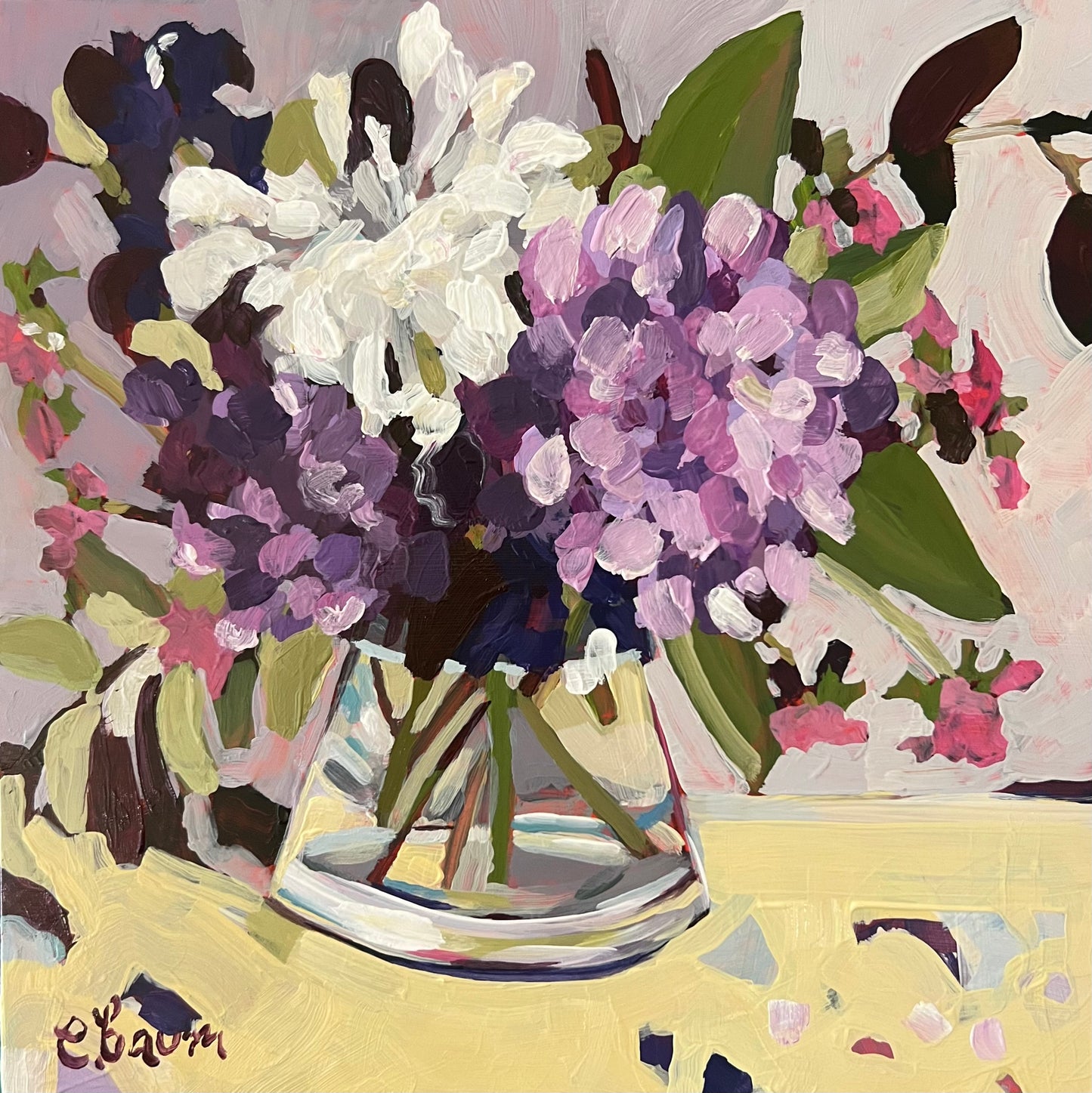 “Rhode into Town”, floral painting, still life flowers in vase, bright artwork, acrylic on wood panel.