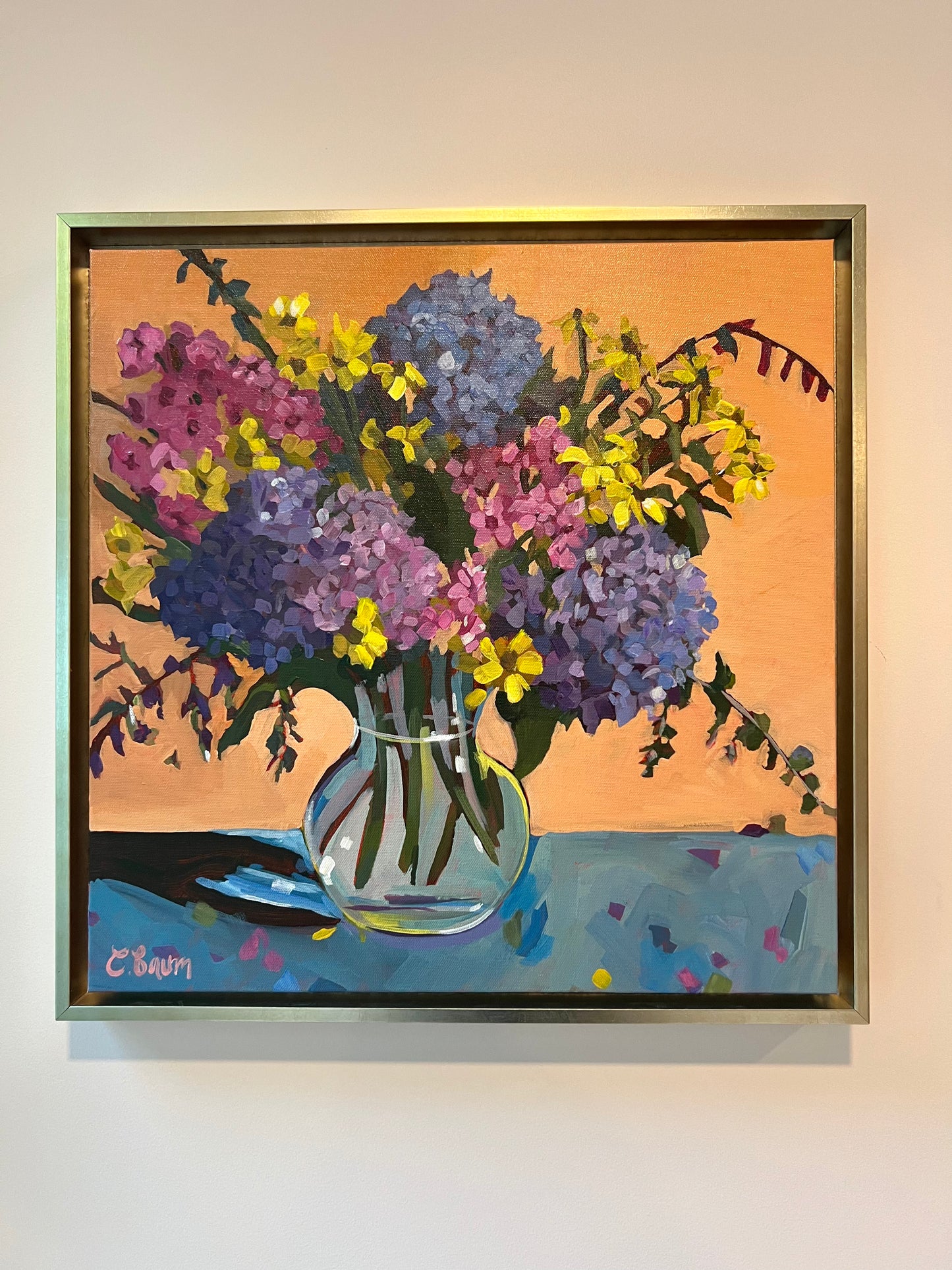 “She wanted more color”, large original hydrangea floral painting, 20x20 in silver leaf floater frame