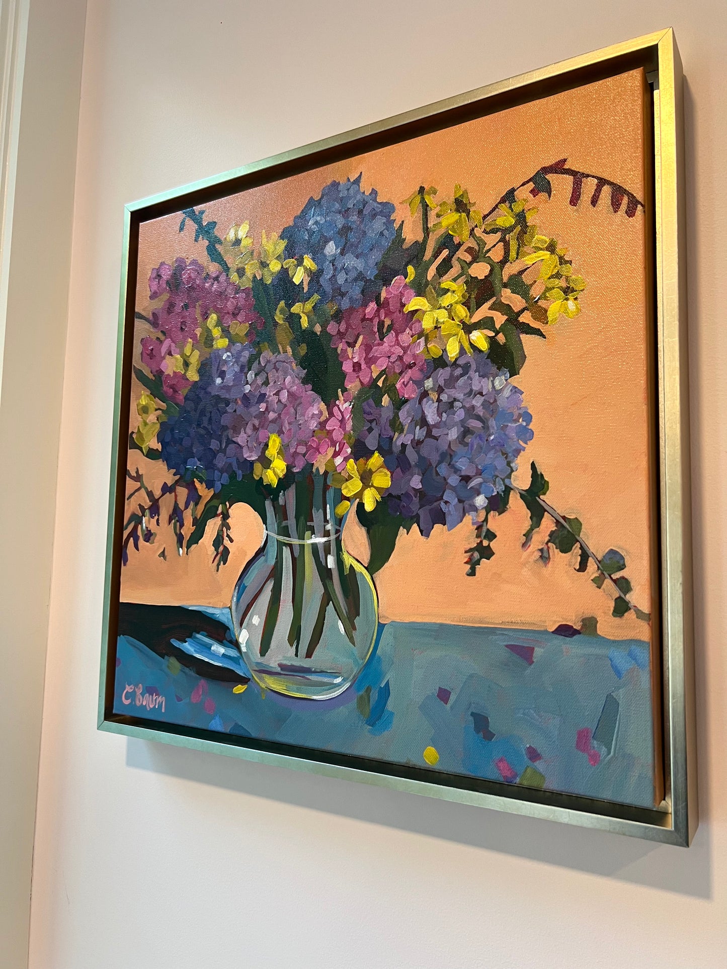 “She wanted more color”, large original hydrangea floral painting, 20x20 in silver leaf floater frame