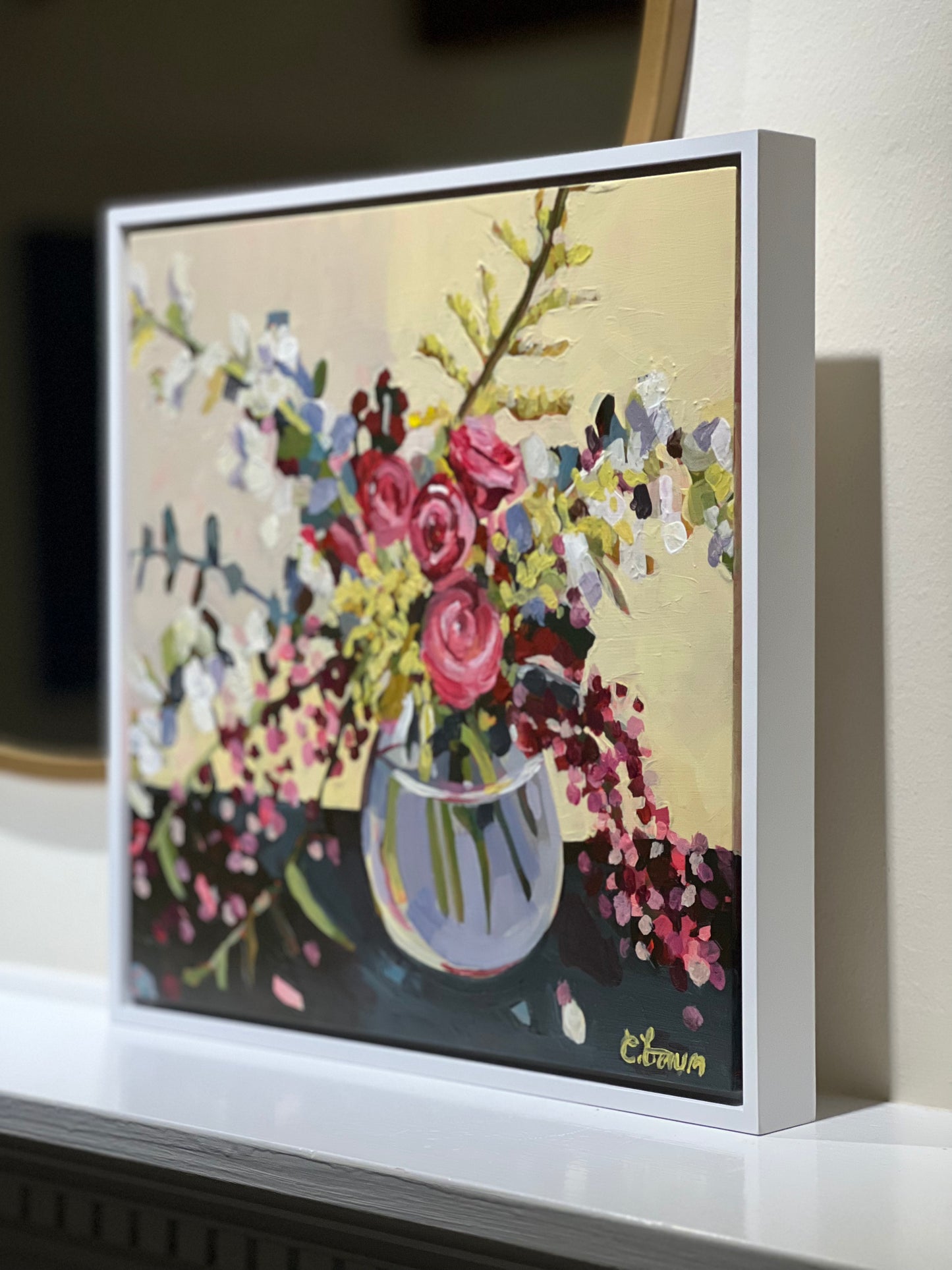 #38 floral painting, still life flowers in vase, acrylic on panel.