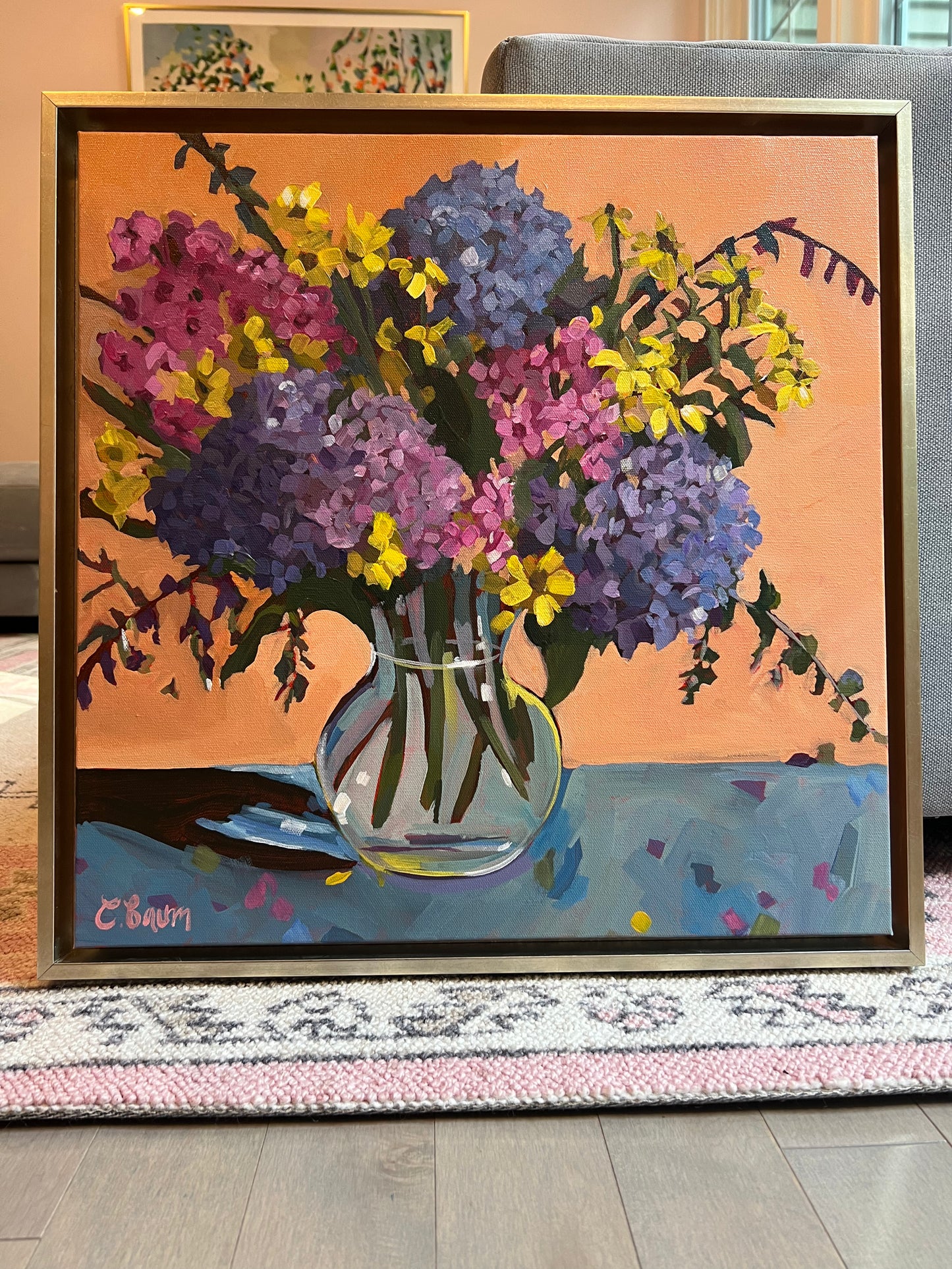 “She wanted more color”, large original hydrangea floral painting, 20x20 in silver leaf floater frame