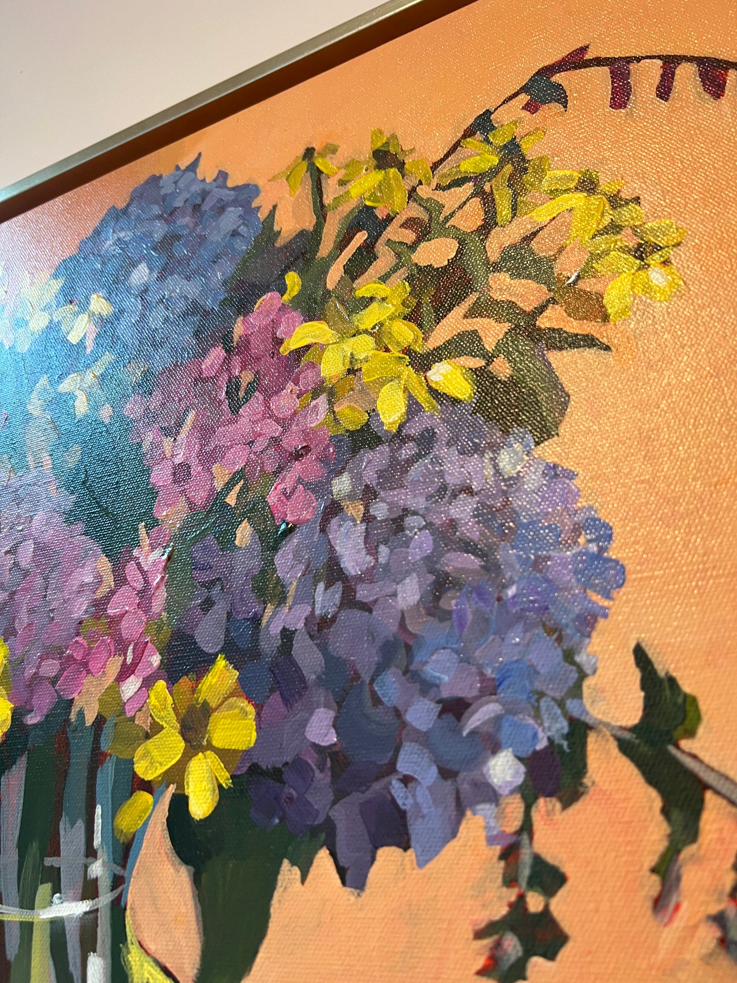 “She wanted more color”, large original hydrangea floral painting, 20x20 in silver leaf floater frame